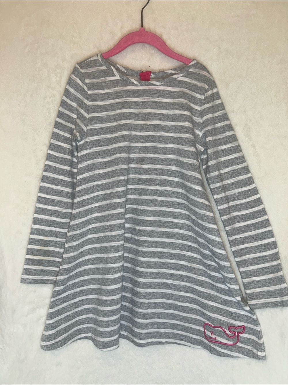 Vineyard Vines Kids Gray & White Striped Long-Sleeve Dress with Pink Whale